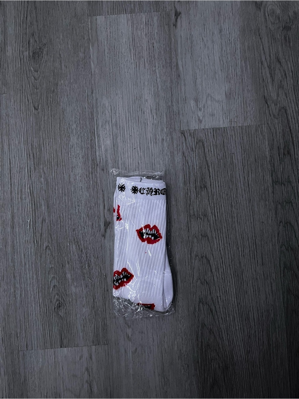 White Crew Socks with Red Lip Print - Unbranded
